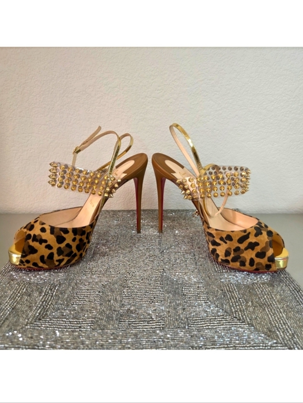 Christian Louboutin Levitagirl 120 Gold Spiked Leather Suede Leopard Heels EU39 - Picture 6 of 16